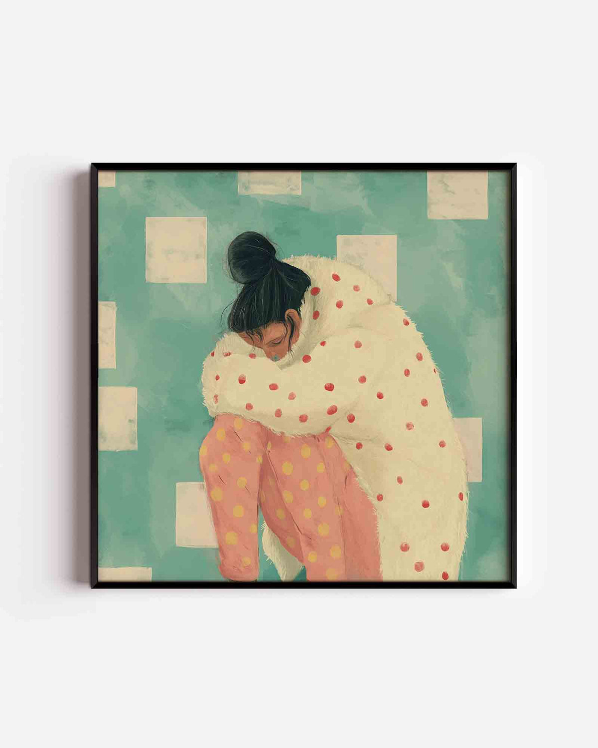Vrouw in stippenjas – moderne vierkante poster als wanddecoratie