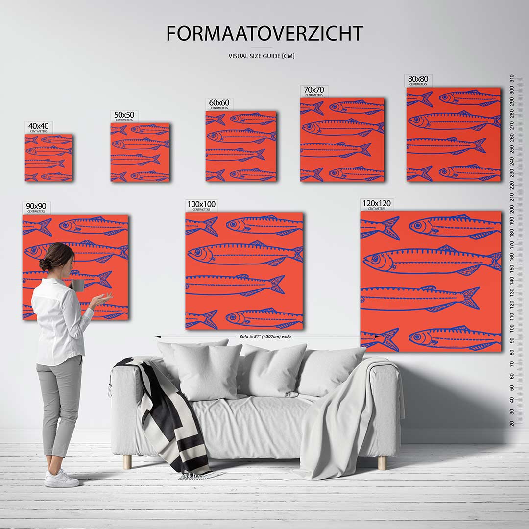 Vissenpatroon kunstwerk – sfeerbeeld – dit werk toont een herhalend patroon van vissen in blauw op een oranje achtergrond. De
