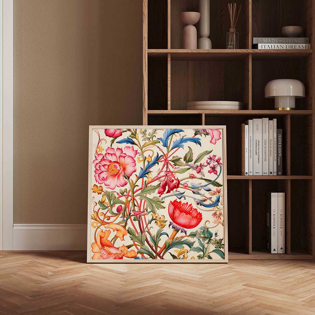 Bloemen en bladeren – kleurrijke vierkante wanddecoratie van WallArtistic