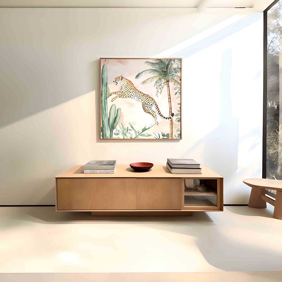 Springende cheetah – vierkante dieren wanddecoratie van WallArtistic