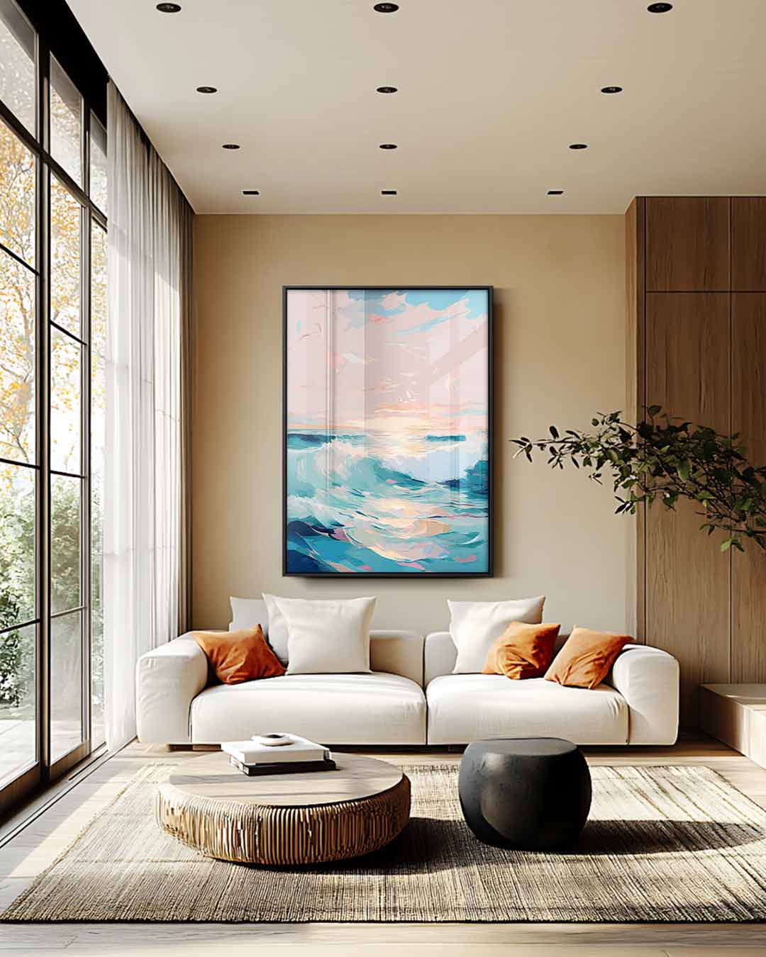 Krachtige Golven bij Zonsondergang – staand kunstwerk voor modern interieur