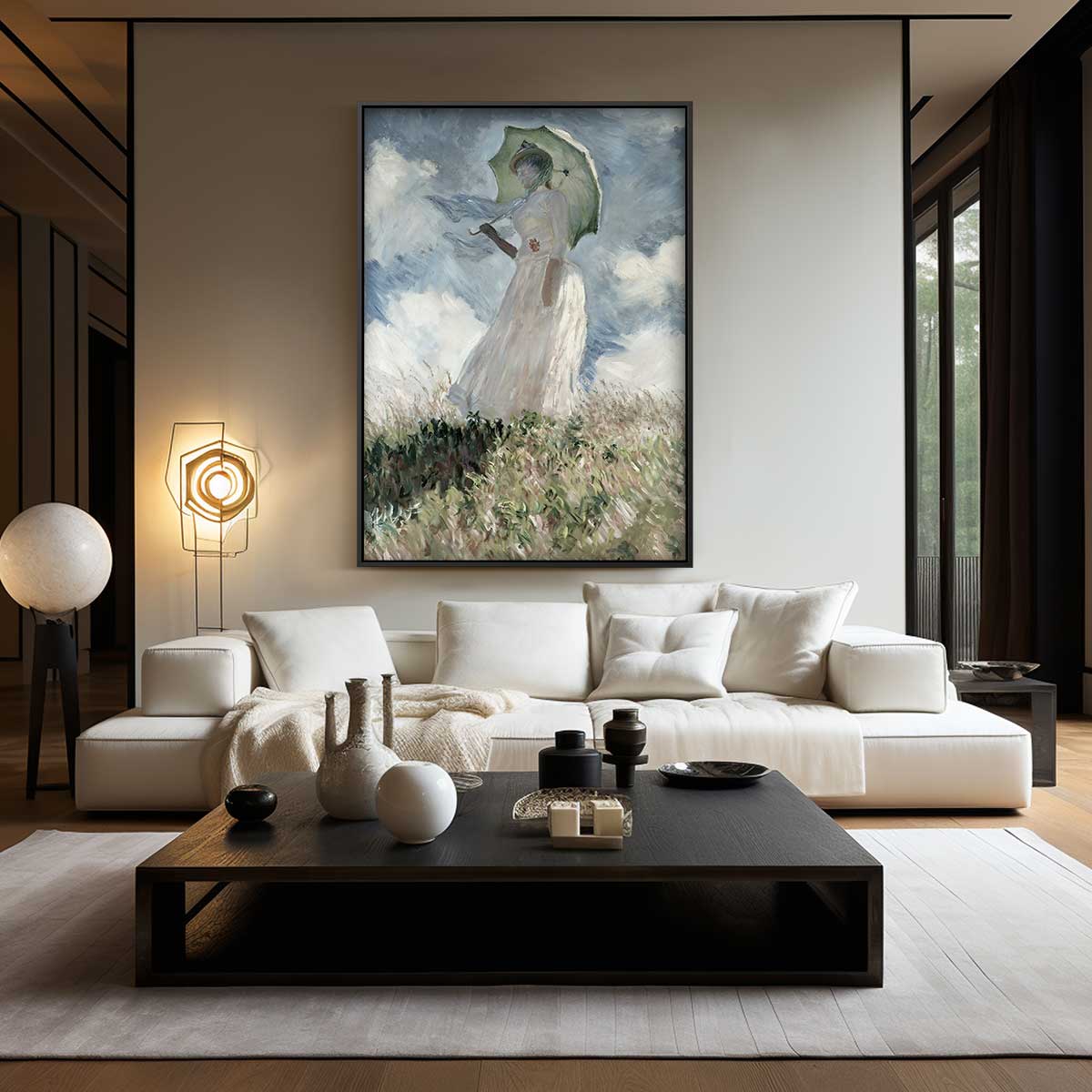 Vrouw met Paraplu in het Veld – staand kunstwerk voor modern interieur