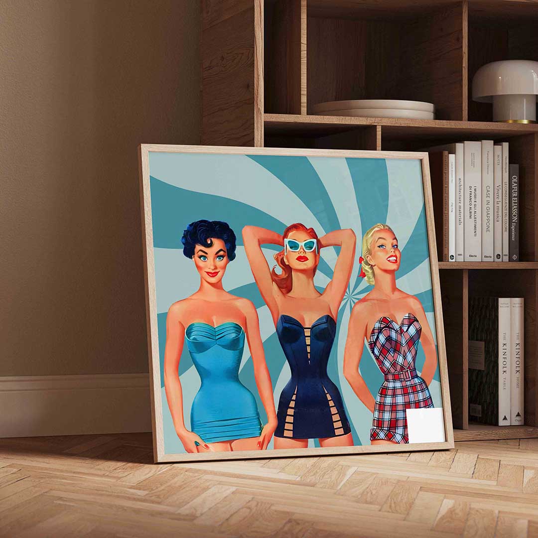 Drie vrouwen in badkleding – vierkante Pop Art wanddecoratie van WallArtistic