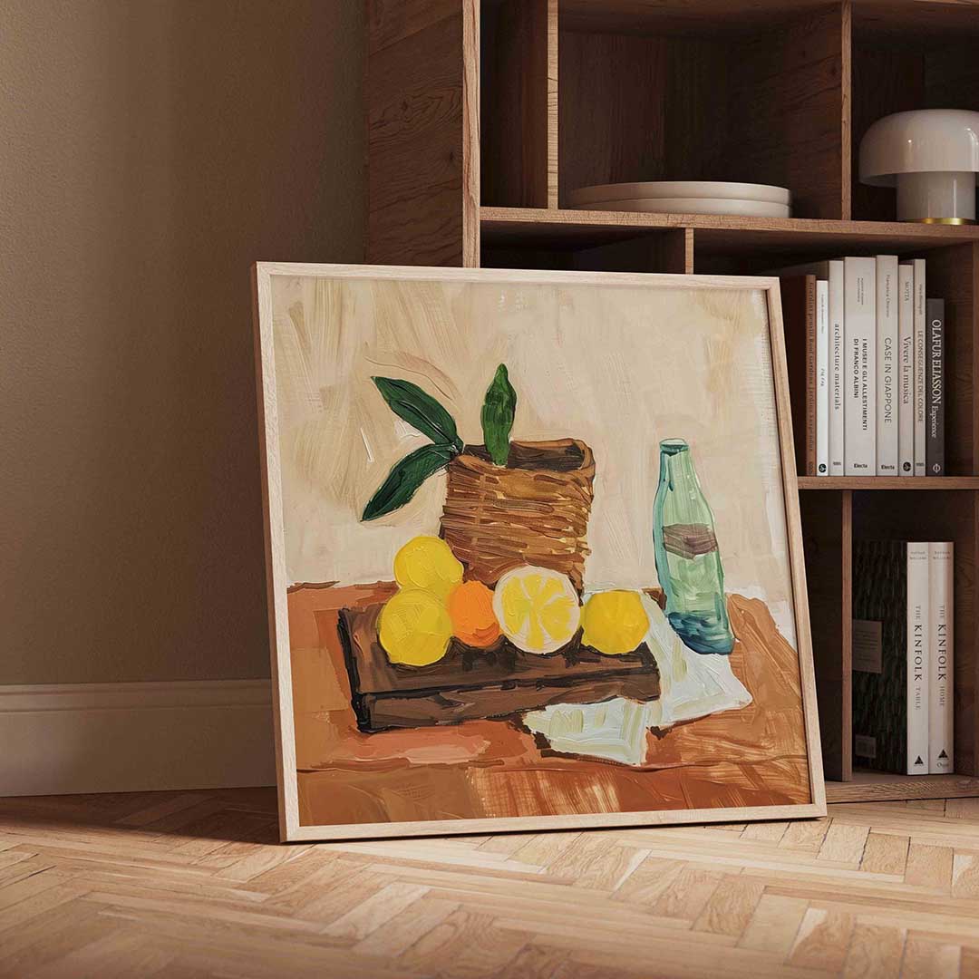 Fruit en fles – moderne wandkunst als vierkante poster
