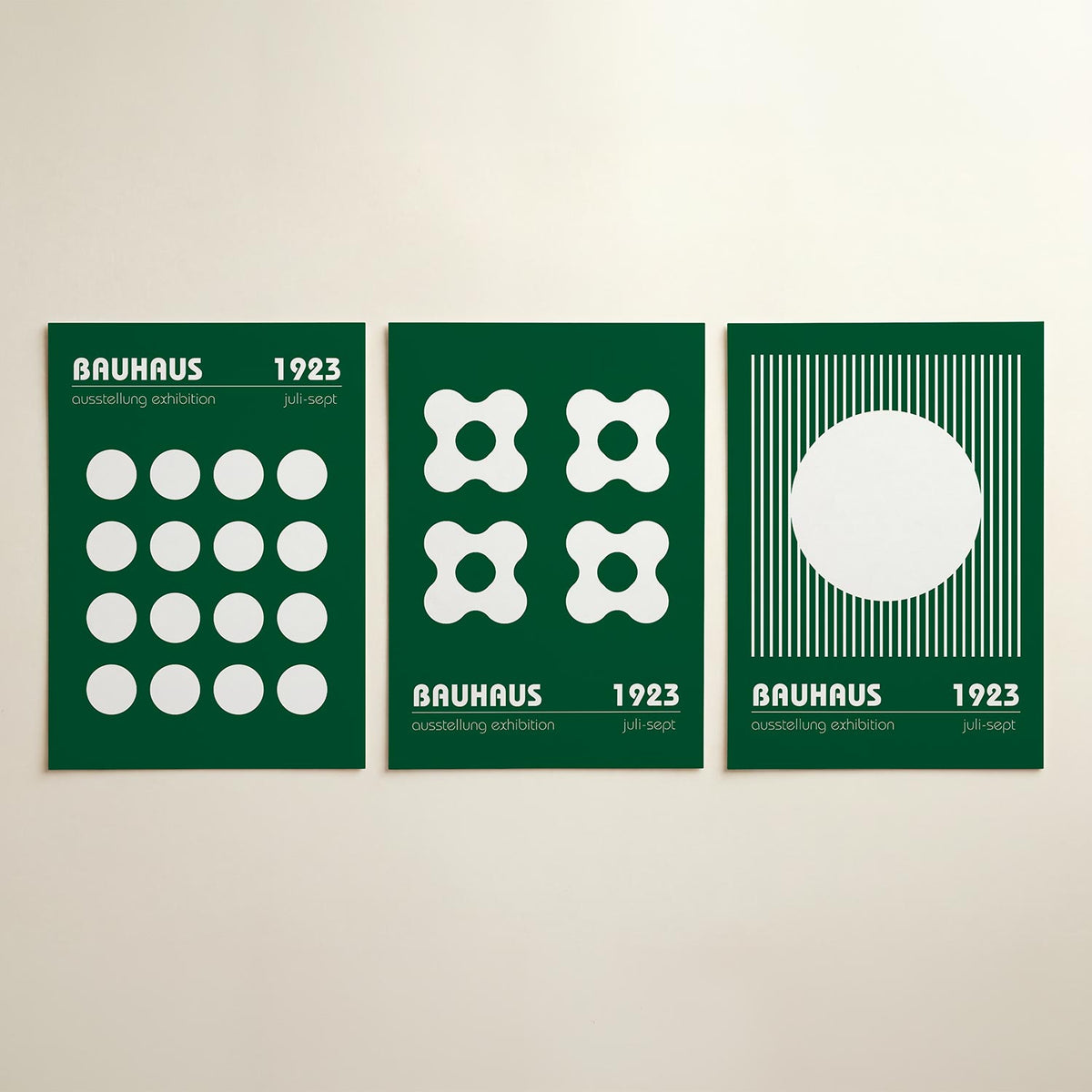 Cirkelritme en kleur posterset – detailweergave – deze posterset in drie delen toont een ritmische ordening van witte cirkels