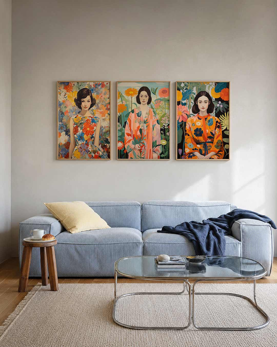 Bloemenexplosie portret posterset – tweede productweergave – een vrouw omringd door een zee van kleurrijke bloemen