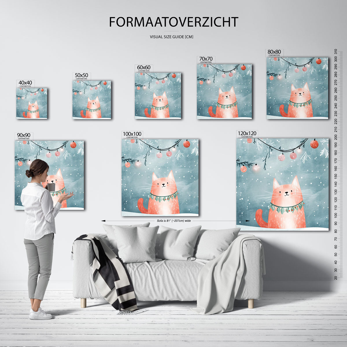 Kat met kerstversiering – vierkante muurposter voor de kinderkamer