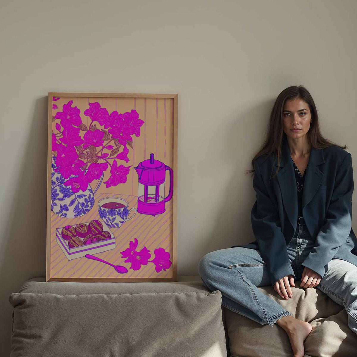 Roze Bloemen en Koffie Moment – staande keuken wanddecoratie van WallArtistic