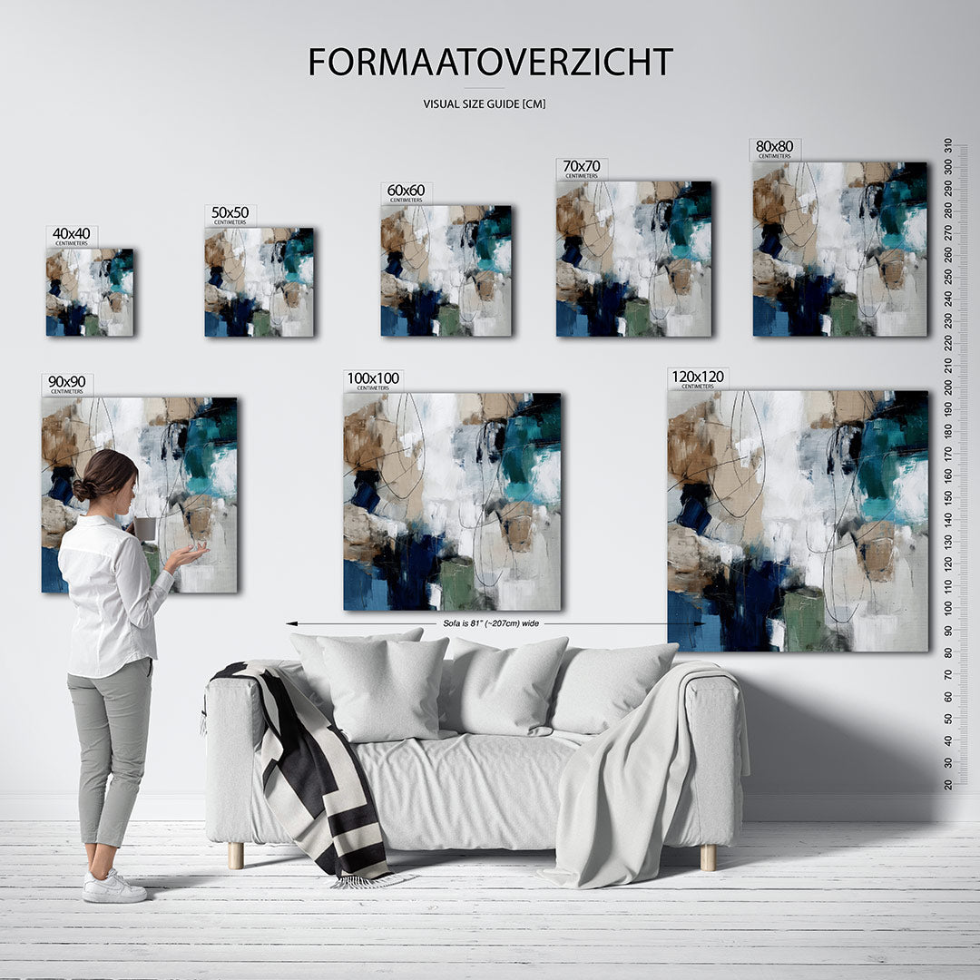 Dynamische kleurencompositie kunstwerk – materiaalweergave – dit kunstwerk toont een levendige mix van blauwe, beige en