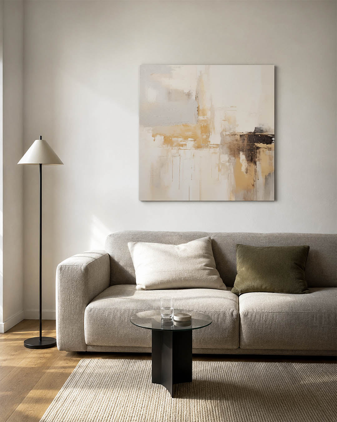 Kleurencompositie kunstwerk – vierkante wanddecoratie – dit werk toont een subtiele mix van beige en grijs, met zachte