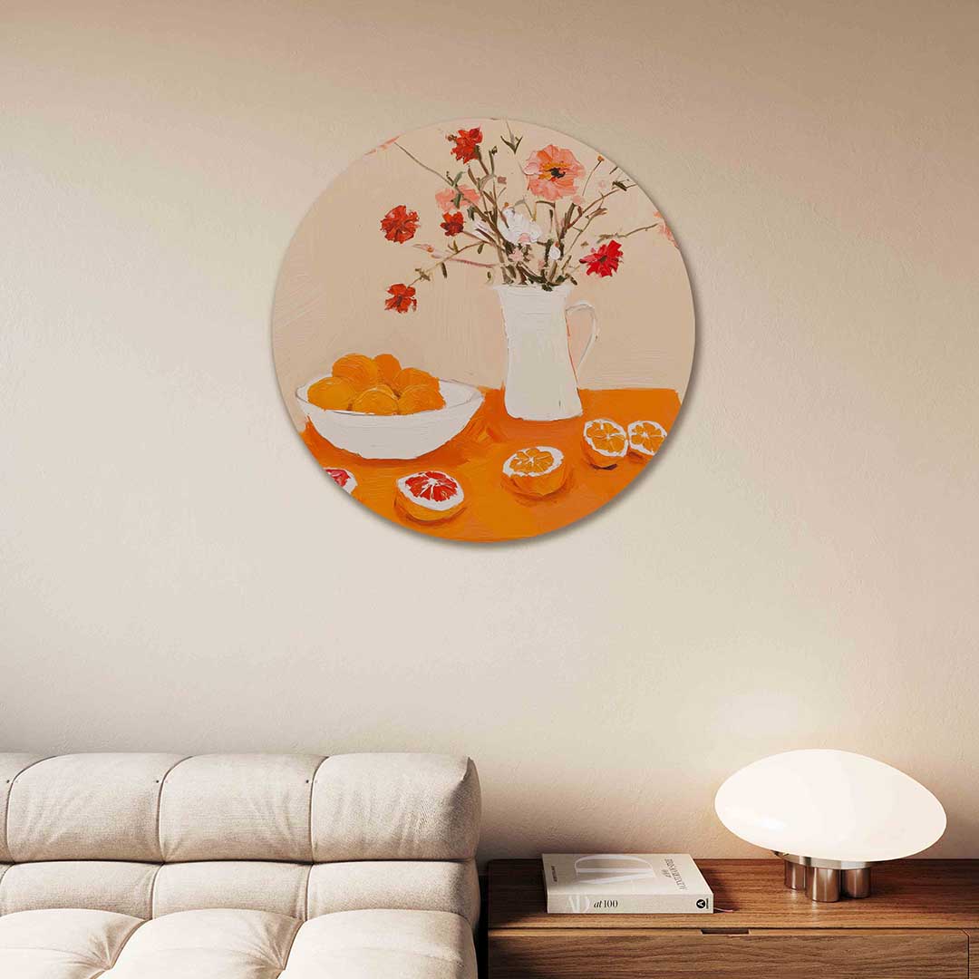 Bloemen en fruit – moderne abstracte muurcirkel voor aan de muur