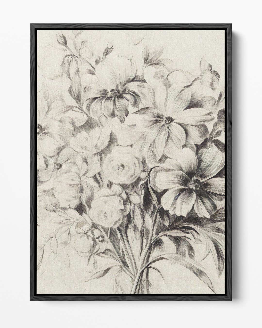 Elegante Bloemenpracht in Potlood – portret kunstwerk als wanddecoratie