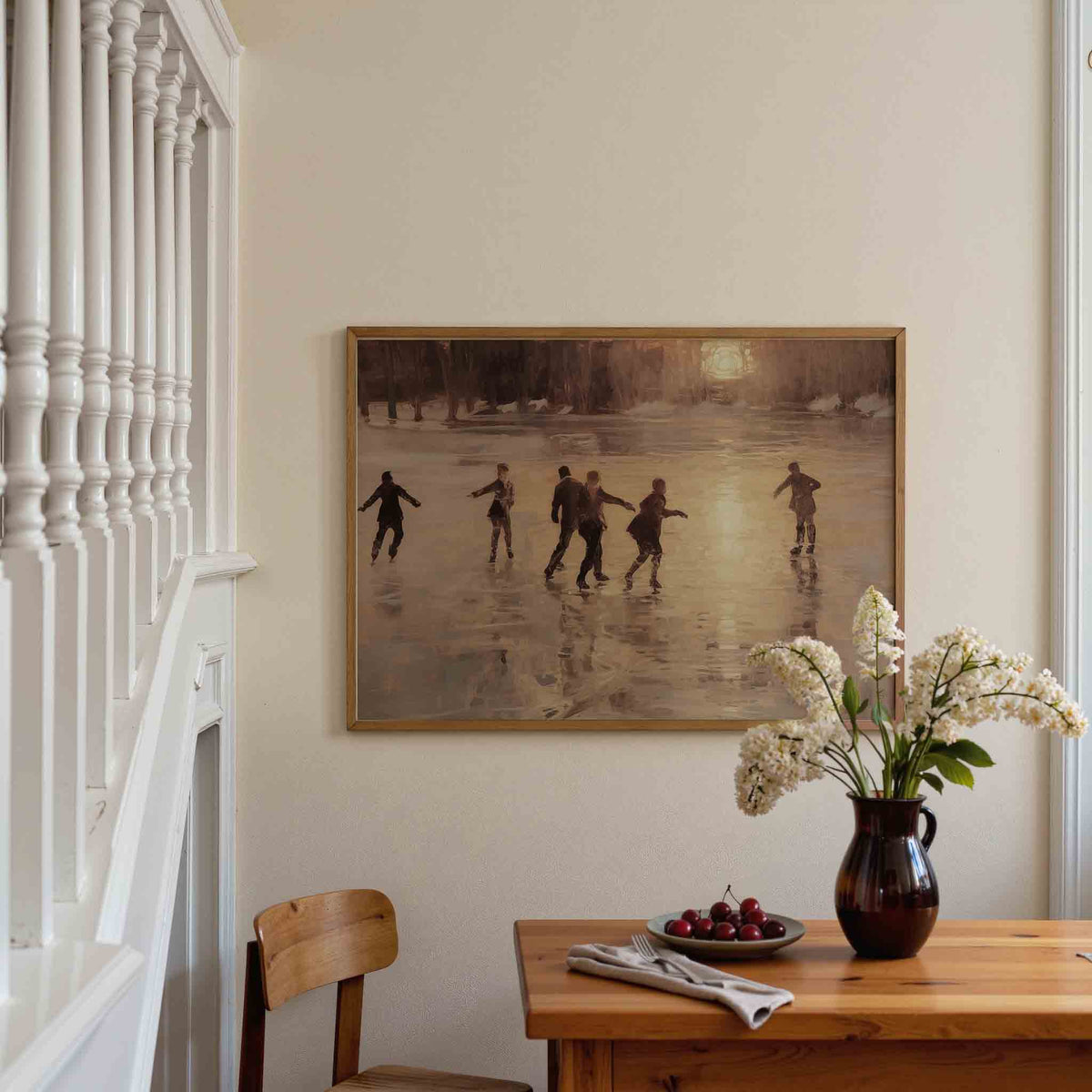 Schaatsers bij zonsondergang – liggende illustratie poster als wanddecoratie