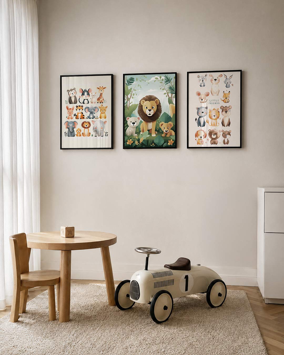 Dieren vrolijkheid posterset – tweede productweergave – deze posterset toont schattige dieren in zachte tinten