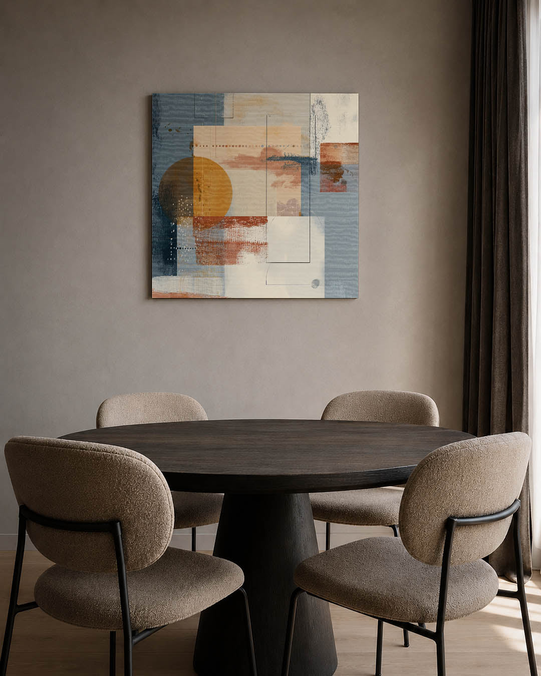 Geometrische kleurencompositie kunstwerk – tweede productweergave – dit werk toont een dynamische mix van rechthoeken