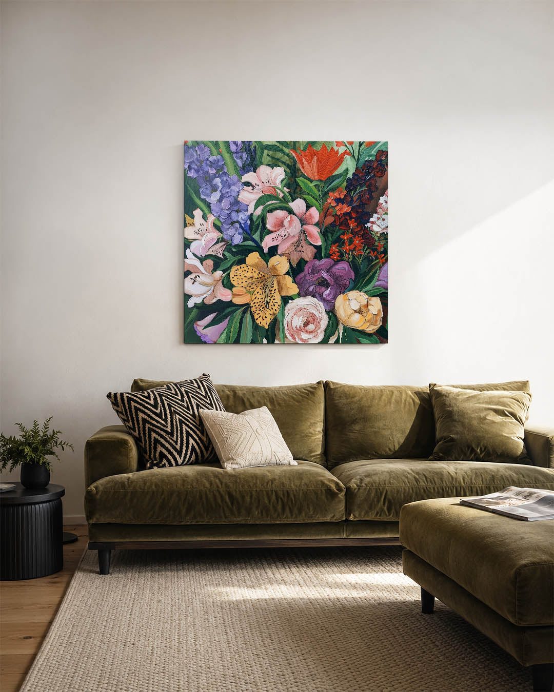 Bloemrijke compositie kunstwerk – sfeerbeeld – dit kunstwerk toont een levendige verzameling bloemen in diverse kleuren, met