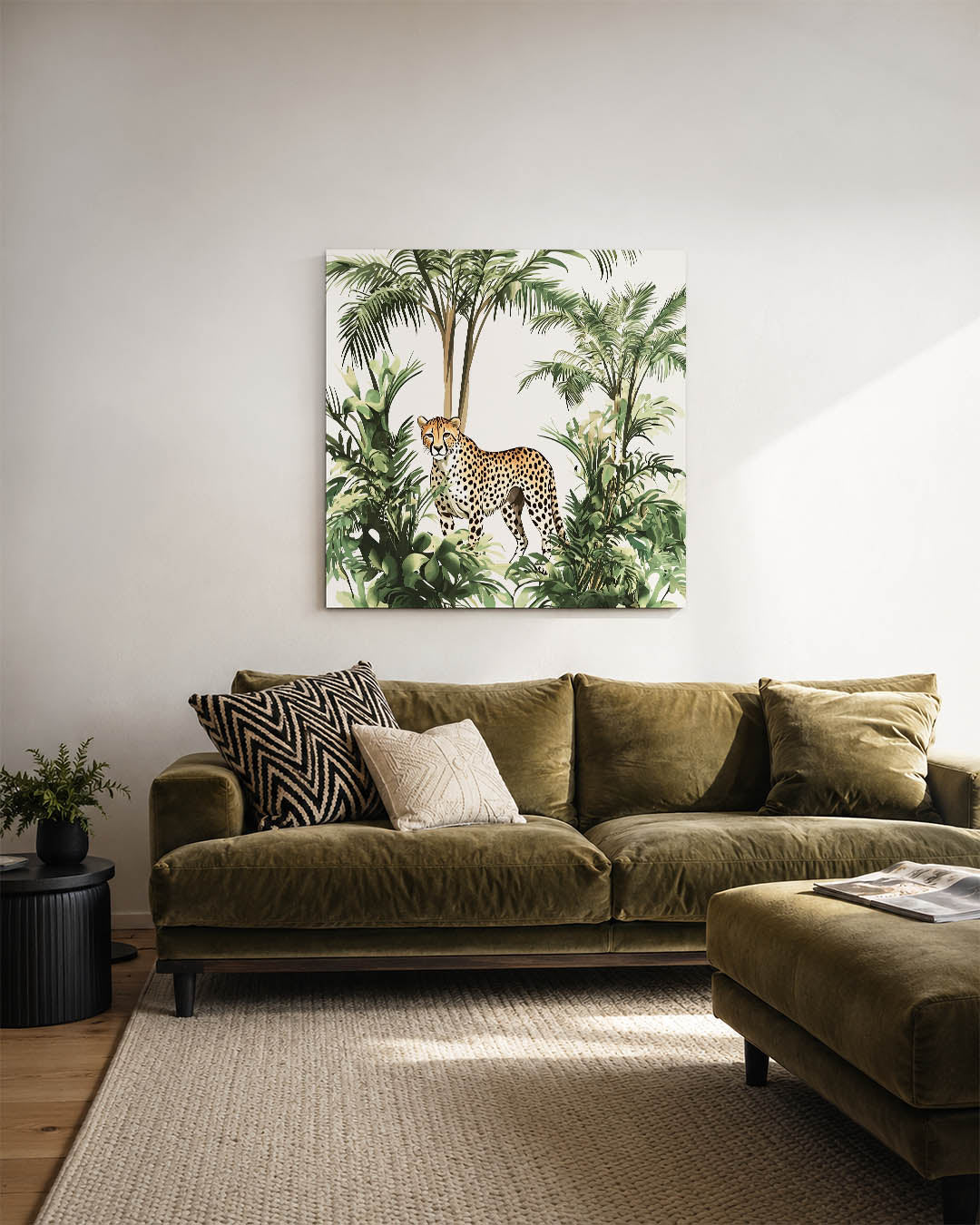 Jungle scène kunstwerk – sfeerbeeld – dit kunstwerk toont een sierlijke cheetah omringd door weelderige groene bladeren en