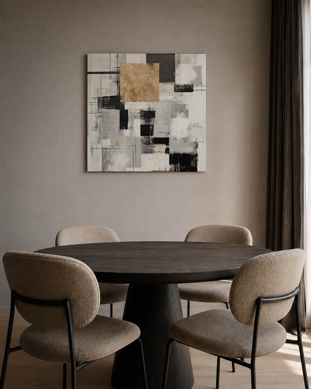 Geometrische compositie kunstwerk – tweede productweergave – dit werk toont een dynamische mix van rechthoeken en lijnen in