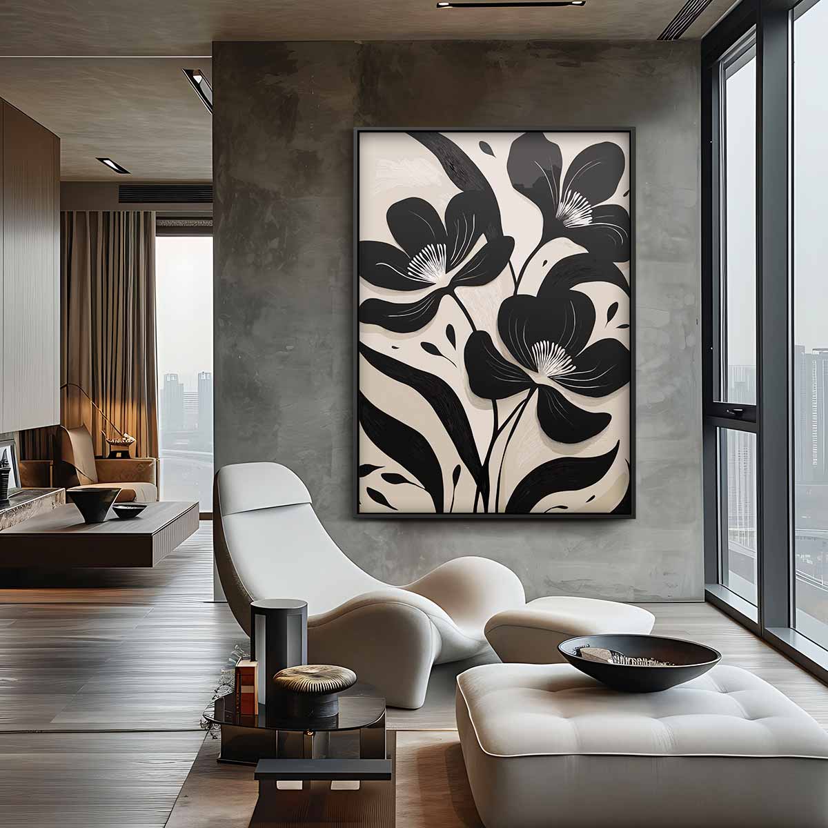 Zwart-Witte Bloemenpracht – canvas wanddecoratie in portret formaat