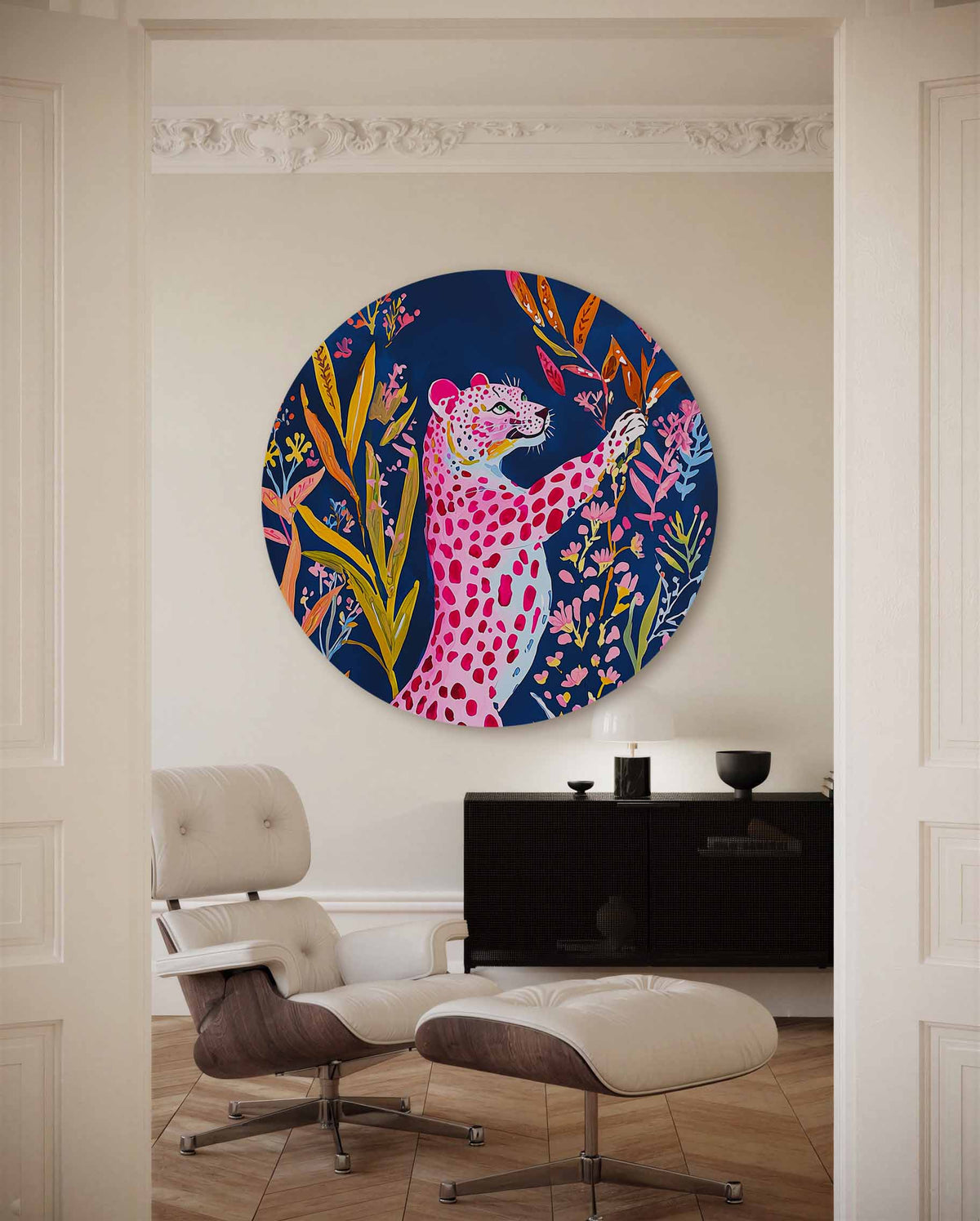 Roze luipaard met bloemen – illustratie muurcirkel als ronde muurdecoratie