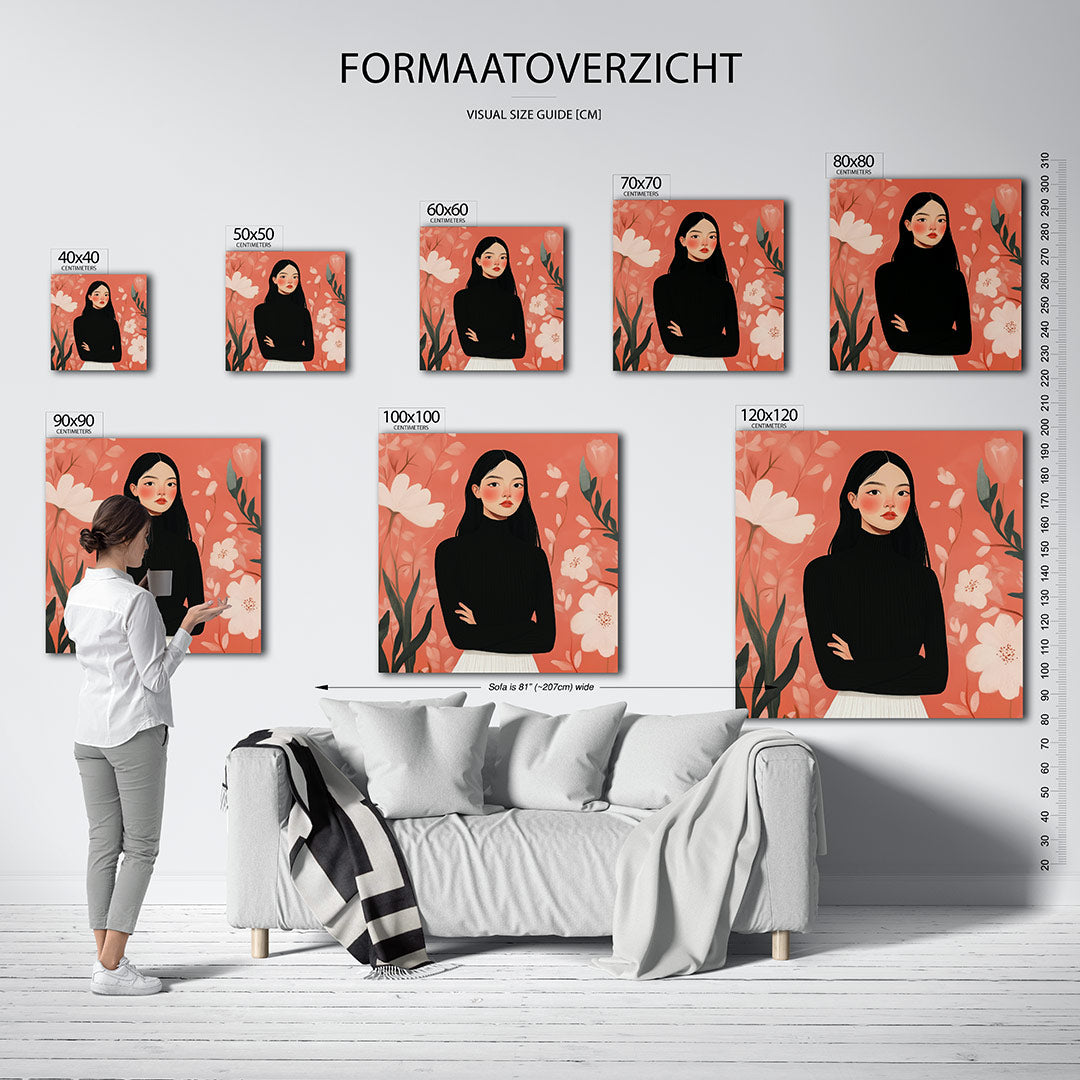 Vrouwelijk portret bloemen kunstwerk – dit kunstwerk toont een vrouw in een zwarte trui tegen een oranje achtergrond met