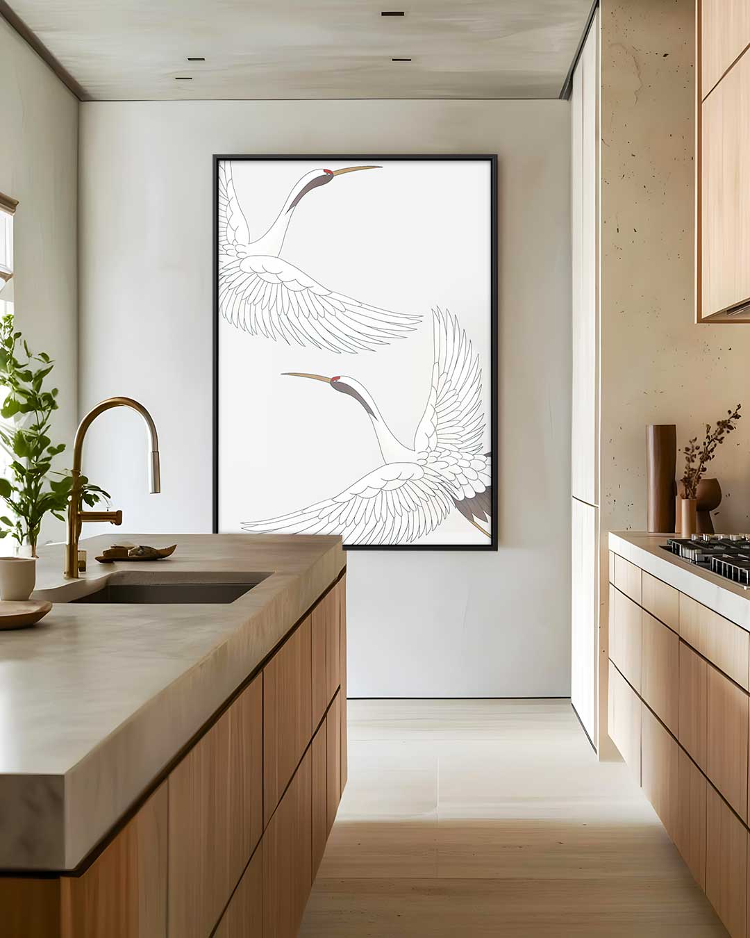Dansende Kraanvogels – canvas wanddecoratie in portret formaat