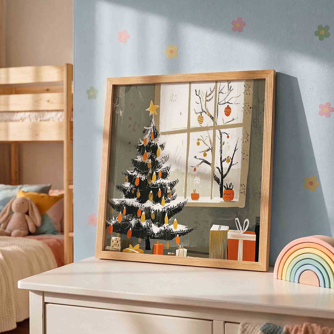 Kerstboom en cadeaus – speelse wandkunst als vierkante kinderposter
