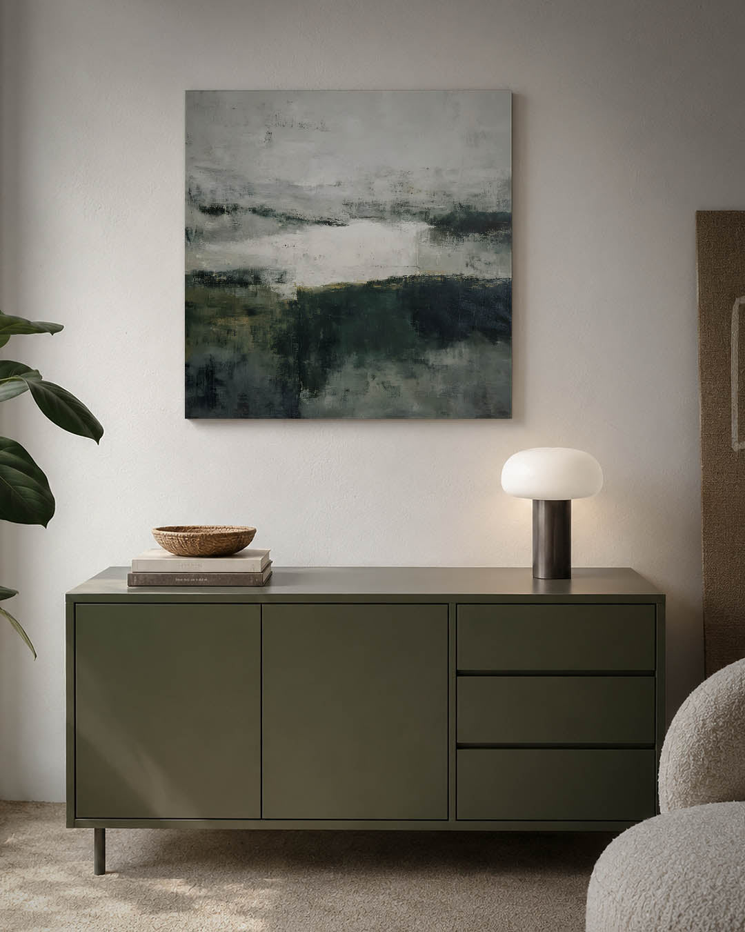Verstilde landschapstinten kunstwerk – detailweergave – dit kunstwerk toont een harmonie van vervaagde lijnen en zachte