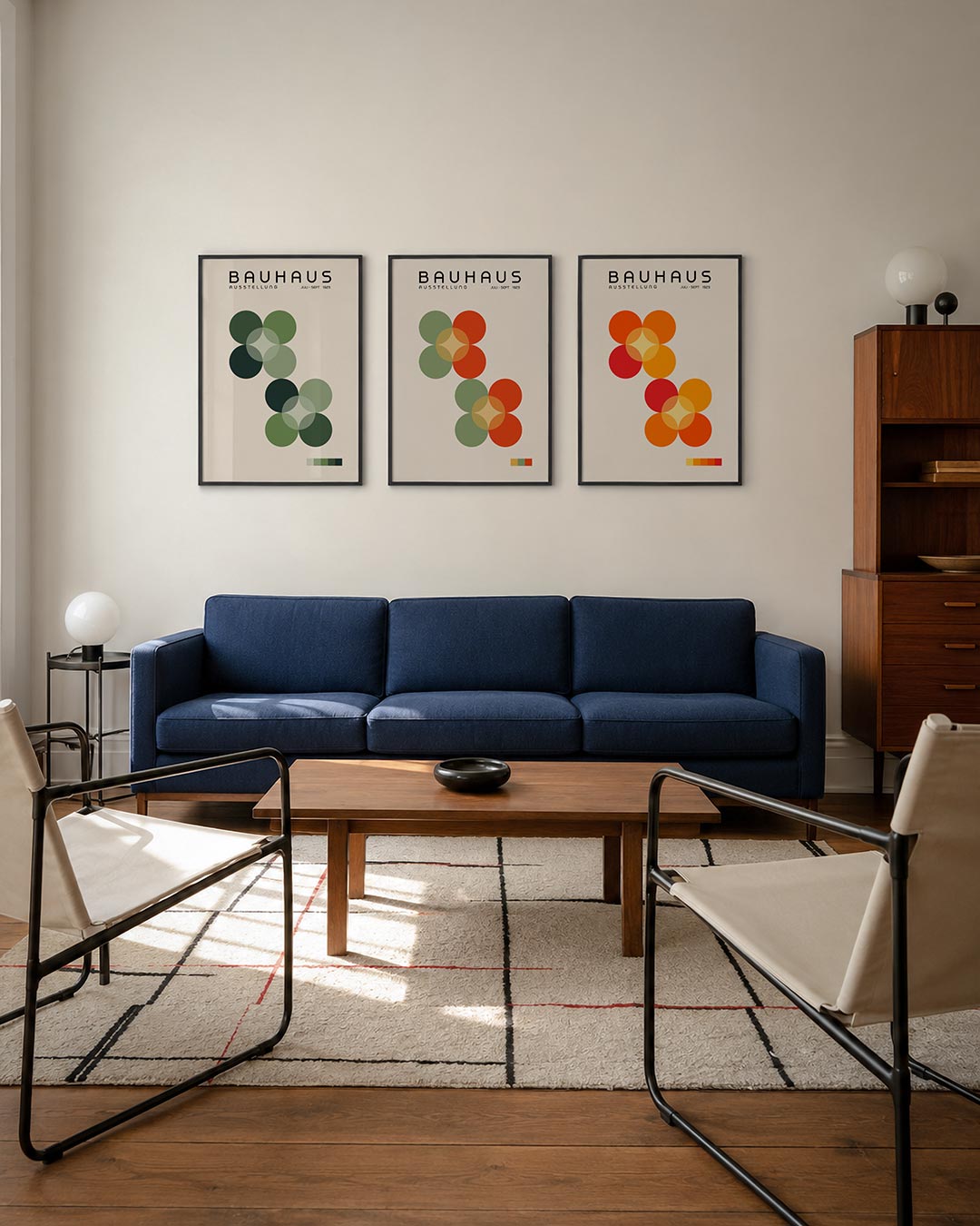 Groene cirkelharmonie driedelige posterset – deze posterset in drie delen toont een ritme van overlappende groene cirkels op