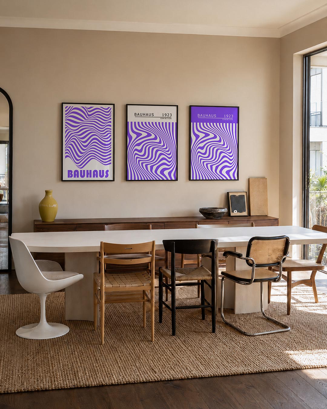 Golvend lijnenspel driedelige posterset – deze posterset in drie delen toont golvende paarse lijnen