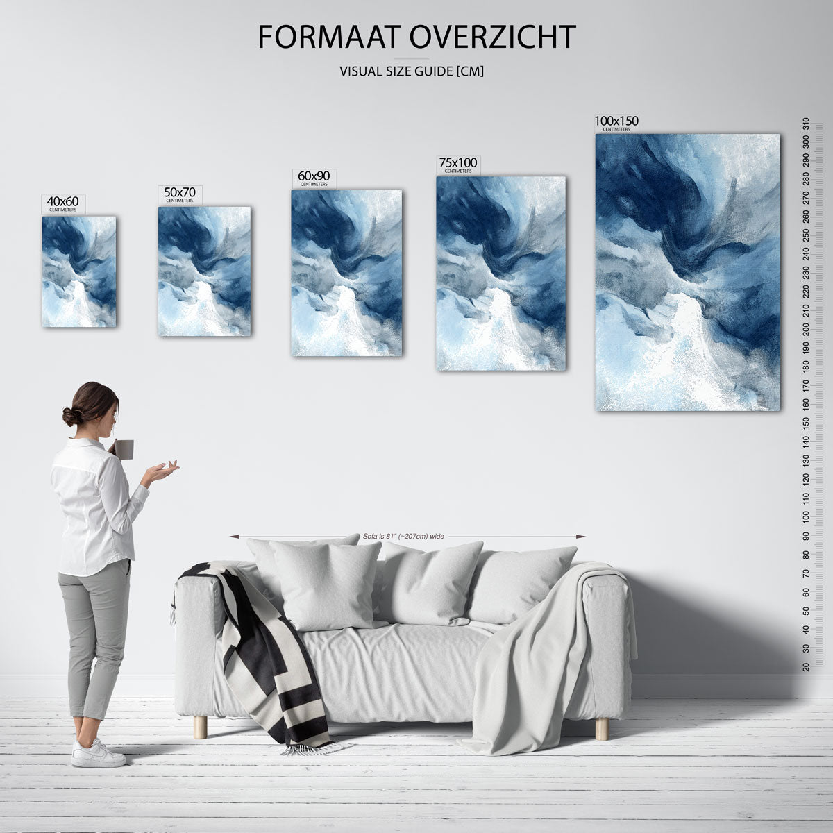 Dynamische blauwe vormen – staande wanddecoratie van WallArtistic
