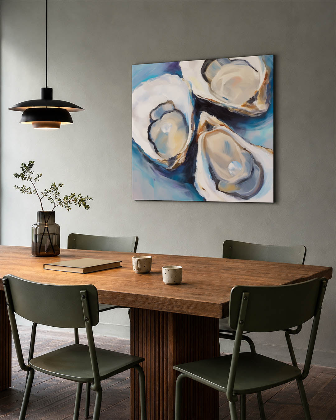 Dynamische oesters kunstwerk – tweede productweergave – dit kunstwerk toont drie oesters met parels, omlijst door vloeiende