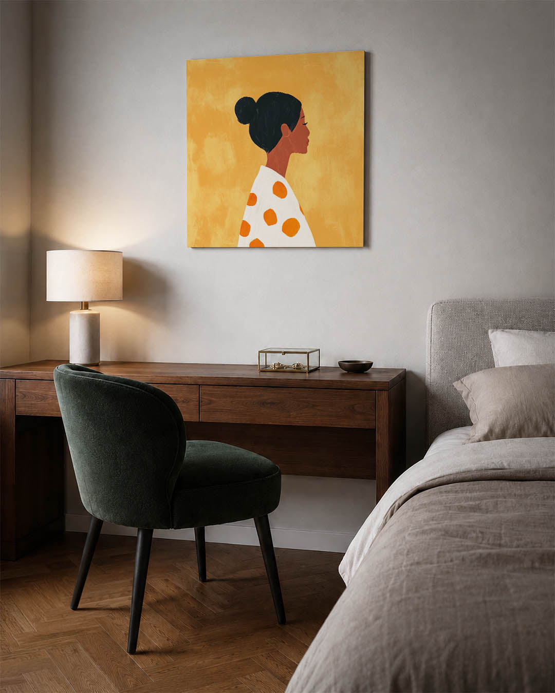 Vrouwelijk silhouet kunstwerk – materiaalweergave – dit werk toont een vrouwelijk silhouet tegen een warme achtergrond. De