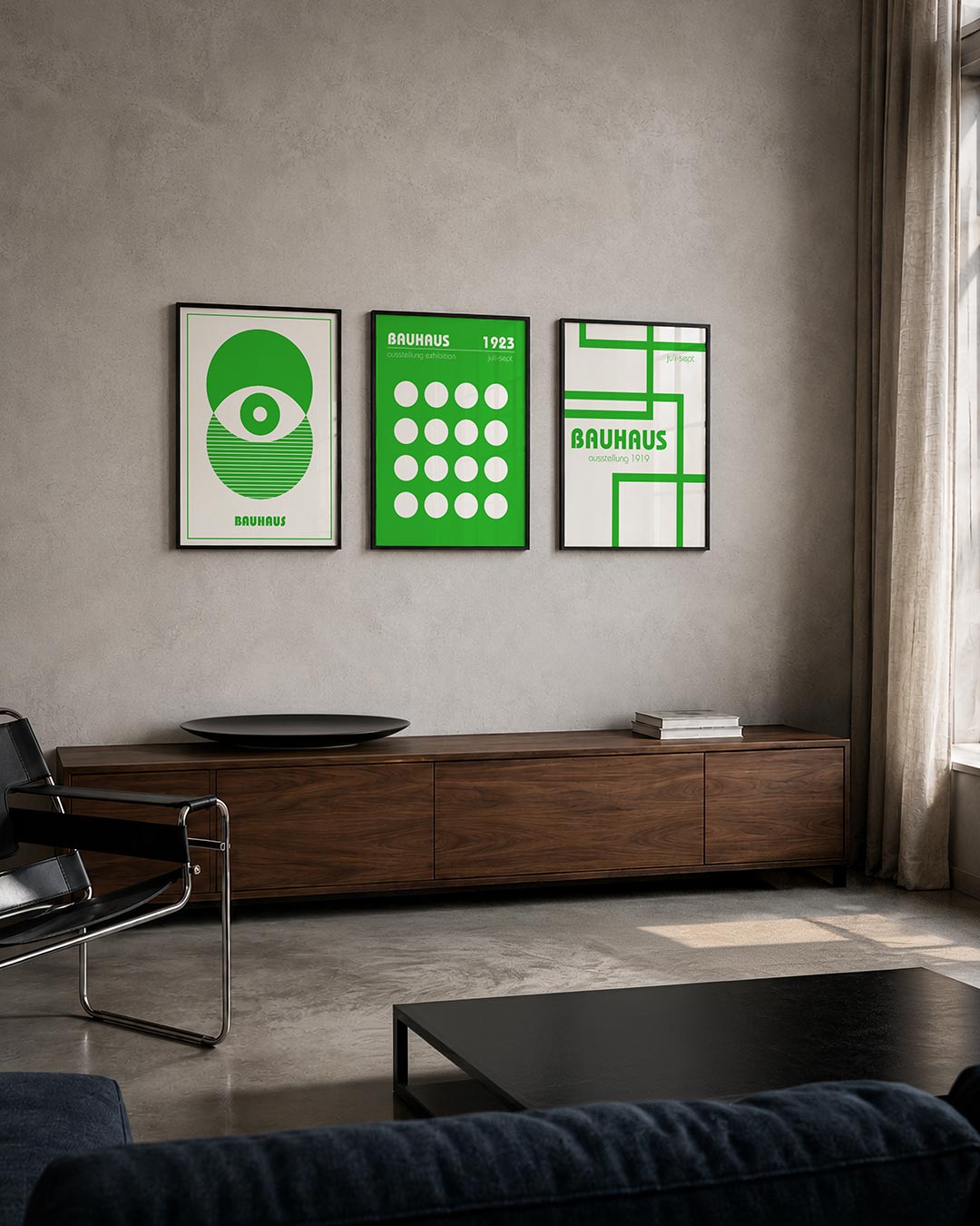 Groene cirkelcompositie driedelige posterset – deze posterset in drie delen toont een speelse combinatie van groene cirkels