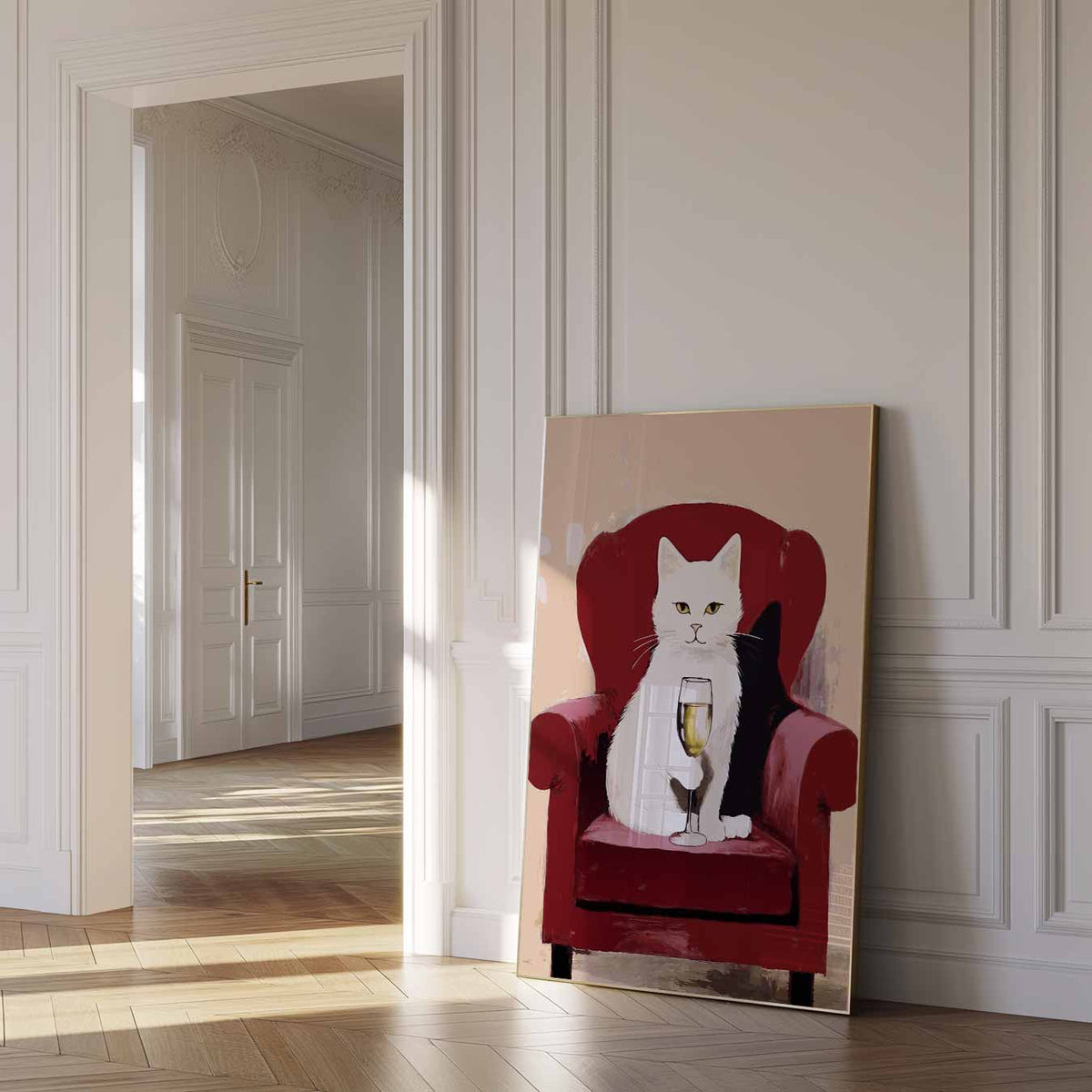 Relaxte Kat met Champagne – dierenposter als moderne staande wanddecoratie