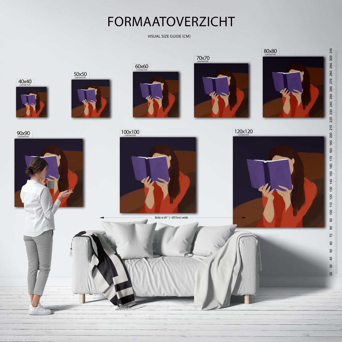Lezende vrouw – vierkante muurposter met kleurrijke illustratie