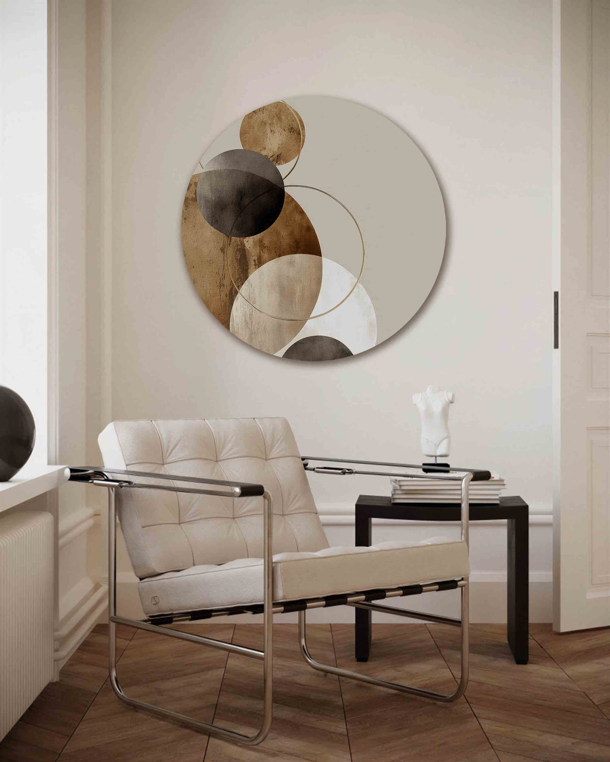 Abstracte cirkels – vrouwelijk portret muurcirkel als wanddecoratie