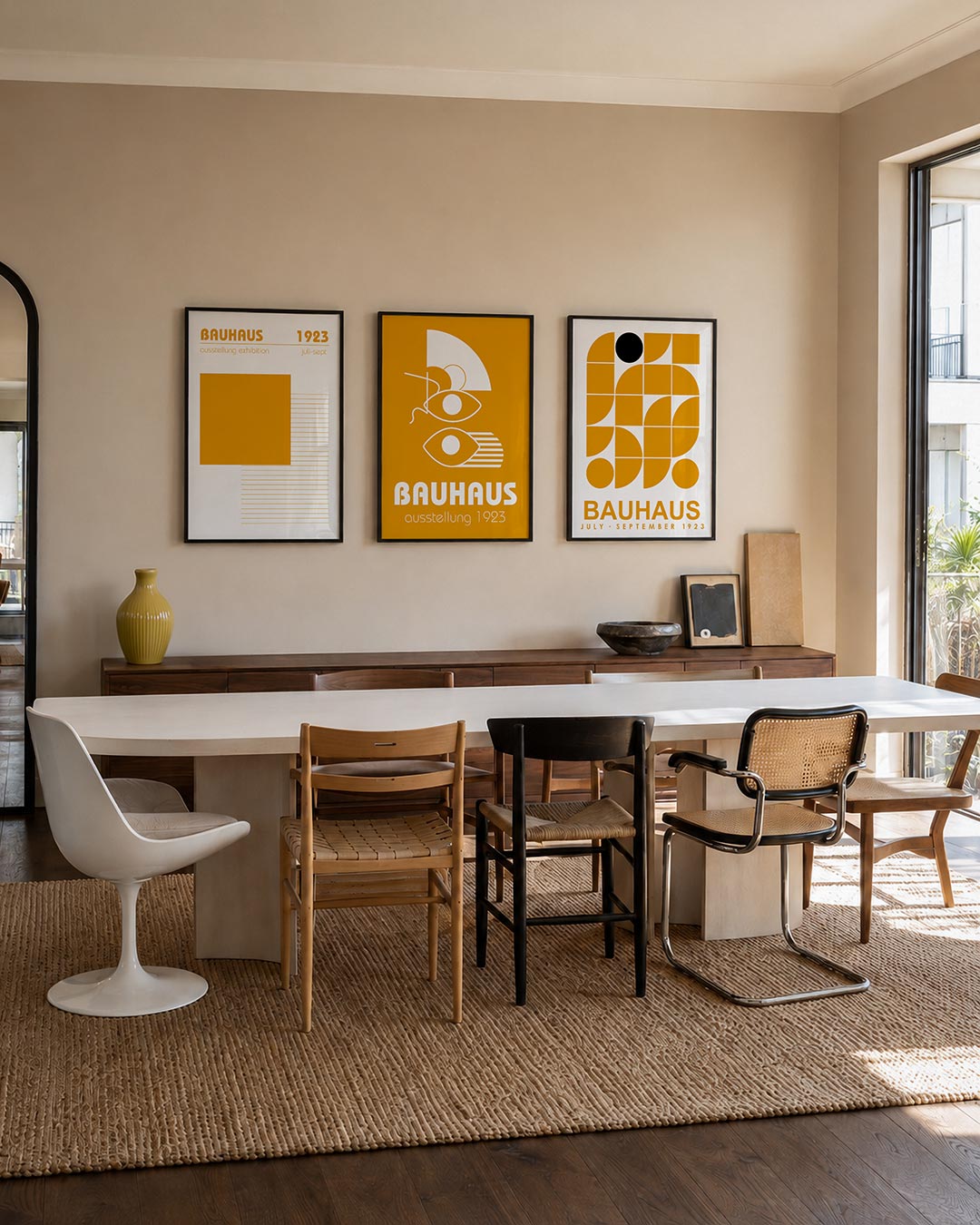 Kleur en lijnen driedelige posterset – deze posterset in drie delen toont een groot oranje vlak bovenaan, met daaronder fijne