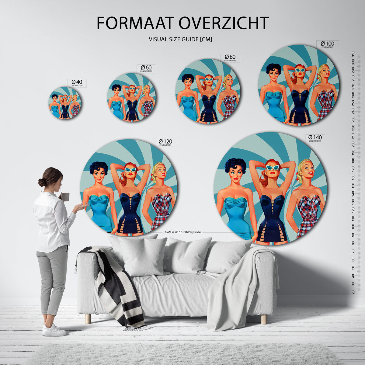 Retro dames in badmode – ronde muurdecoratie met kleur en vorm