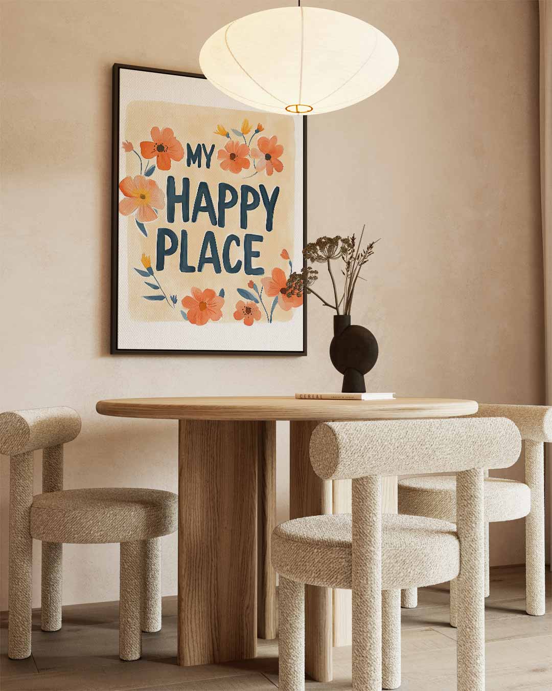 My Happy Place Bloemenkunst – kunstwerk met zwarte baklijst