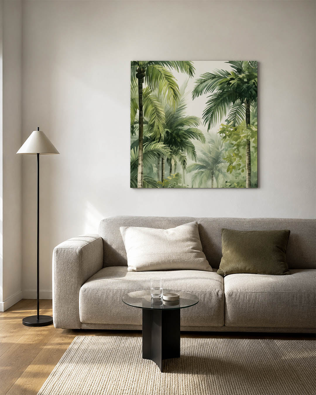 Tropische palmbladeren kunstwerk – detailweergave – dit werk toont weelderige palmbladeren in verschillende tinten groen, met