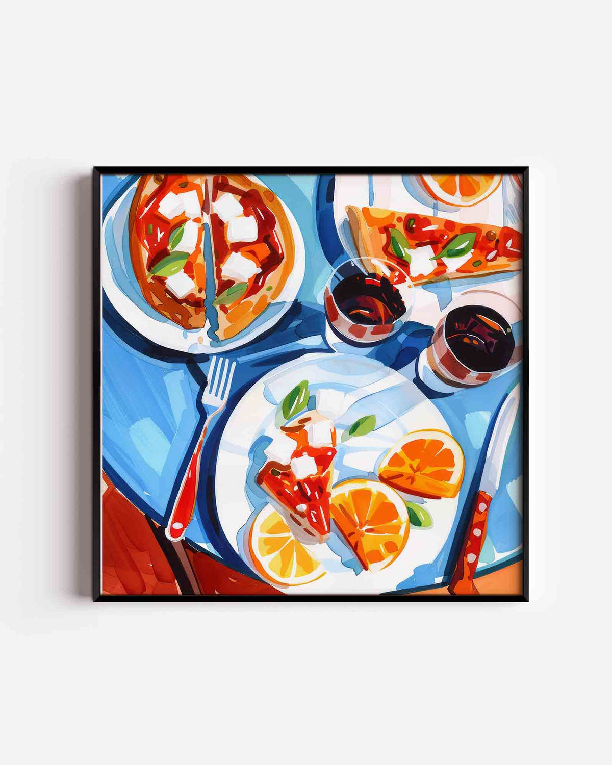 Pizza en sinaasappels – keuken vierkante poster als wanddecoratie