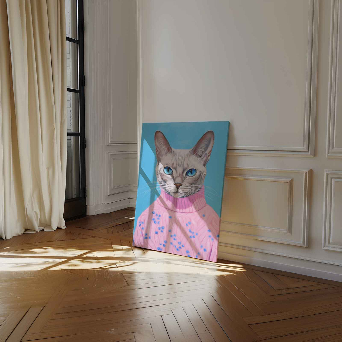 Kat in Roze Trui Portret – staand kunstwerk voor modern interieur