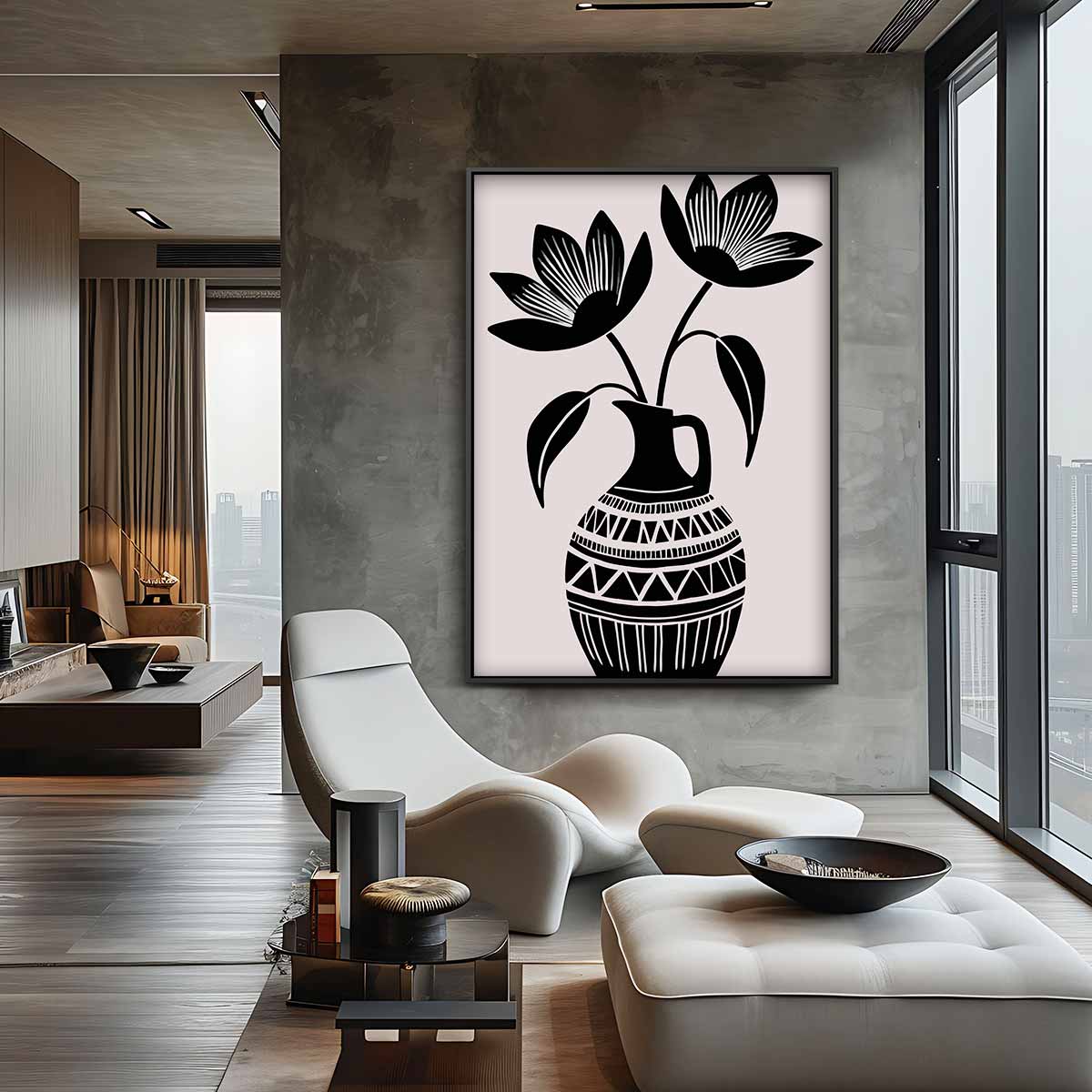Zwart-Wit Bloemenvazen Kunst – canvas kunstwerk als wanddecoratie