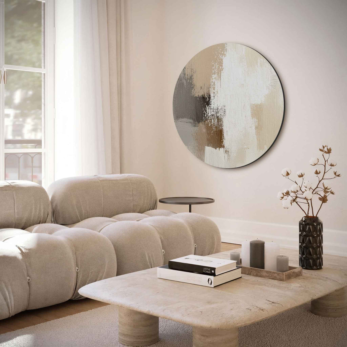 Abstracte beige – moderne abstracte muurcirkel voor aan de muur