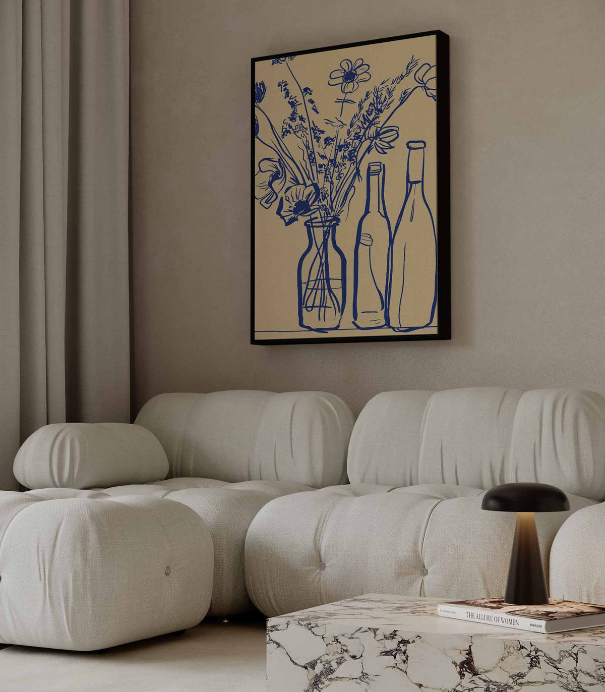 Blauwe Bloemen in Flessen Schilderij – staande wandkunst voor woonkamer of interieur