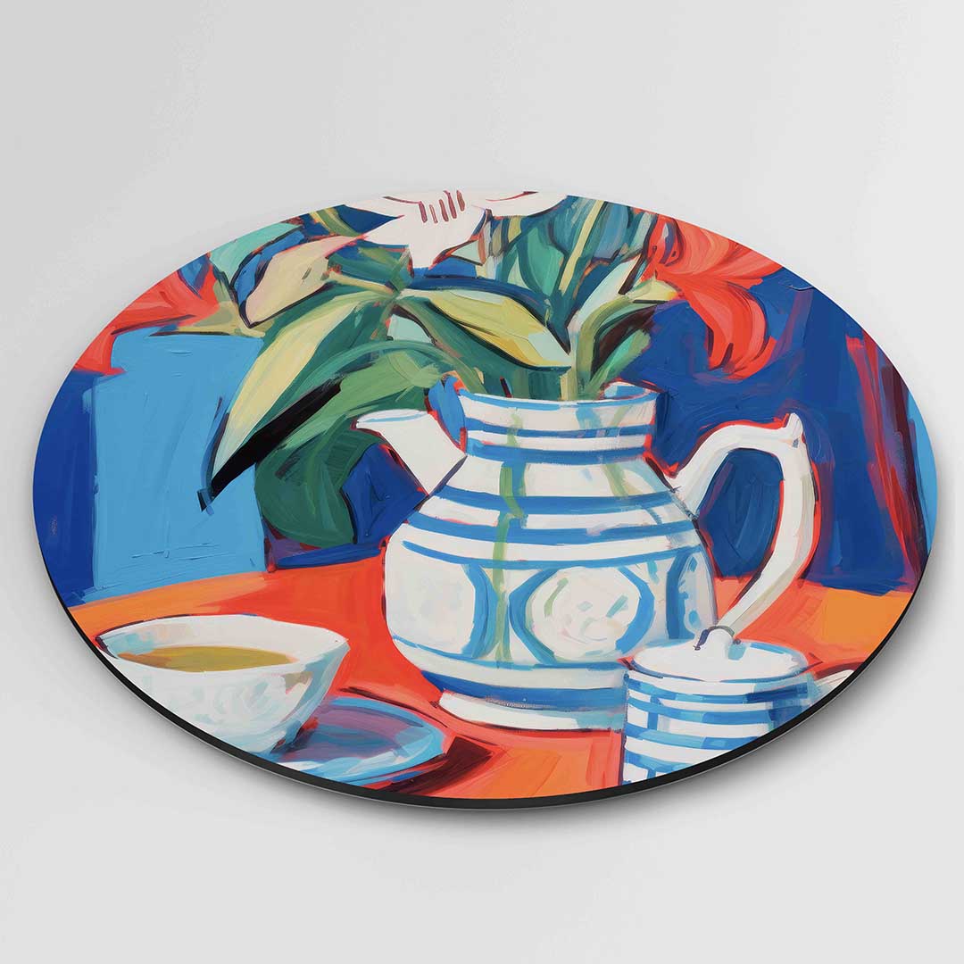 Bloemen en servies – ronde textuur wanddecoratie van WallArtistic