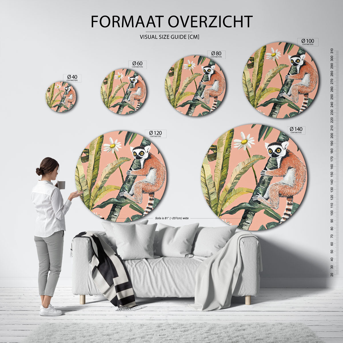 Lemur op palmboom – ronde muurcirkel met kleurrijke illustratie