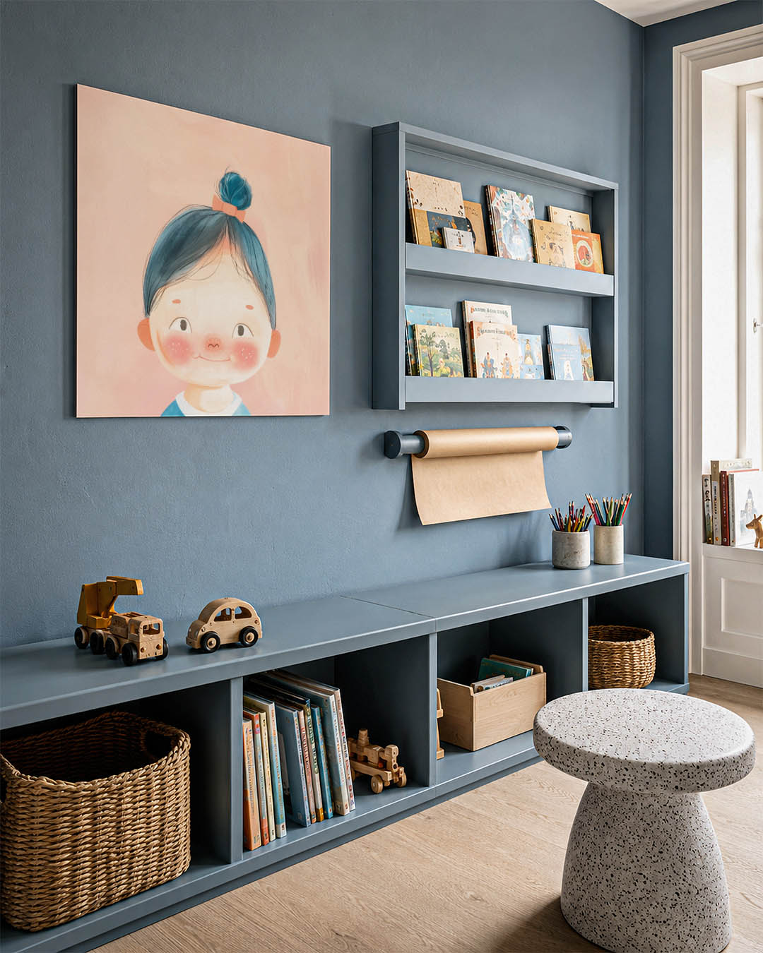 Vrolijk portret kind kunstwerk – detailweergave – dit kunstwerk toont een vrolijk kind met blauwe haren en een oranje strik