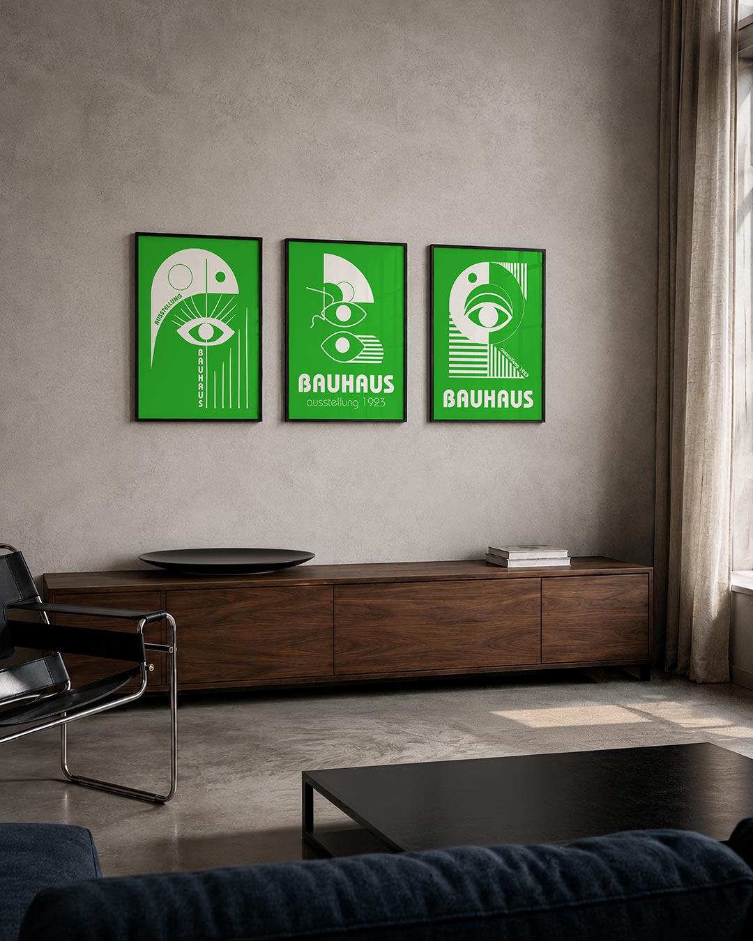 Oog en lijnen driedelige posterset – een groene achtergrond met een wit oog centraal. Rechte en gebogen lijnen creëren een